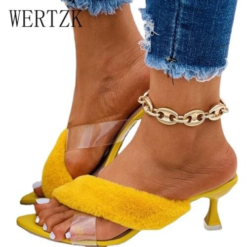 Shoes For Women 2021 Fashion PVC pointed Toe Faux Fur High Heel Party Sandals Solid Shallow Outside Summer Slippers 36-43