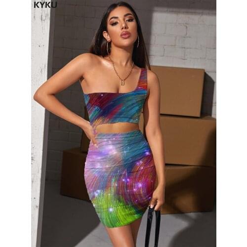 KYKU Brand Colorful Dress Women Line Hollow out Dresses Painting 3d Print Psychedelic Pleating Womens Clothing Mini Evening