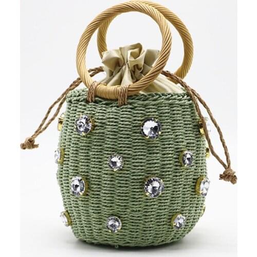 2021 new fashion flower pearls rattan buckets bag for women luxury design diamonds wicker woven handbags summer beach straw tote