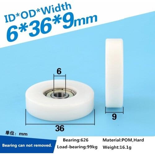 5pcs 6x36x9mm 626ZZ bearing delrin POM coated Roller flat type pulley wheel roller rolling guide pulley wheel