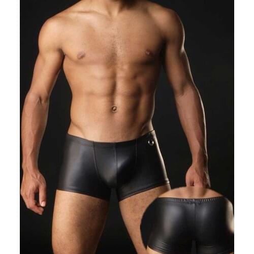 Mens Underwear Plus Size U Pouch Boxers Black Sexy PU Faux Leather Underwear Boxers Shorts Sheathy Cool Male Gay Nightclub
