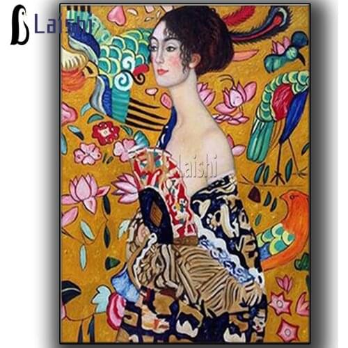 Hot 5d DIY Diamond painting Cross Stitch Gustav Klimt woman with fan Diamond Embroidery abstract picture Home decoration wall ar
