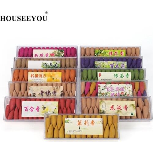 50 Pcs/box Backflow Incense Cones Oversized Natural Incense 10 Scents Jasmine Lavender Sandalwood Green Tea Rose Colored Smoke