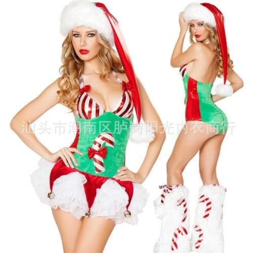 Mini Costumes Women Christmas Sexy Bodysuit V-Neck Striped Red And Green Christmas Reindeer Uniform Role-Playing Clothing T1459