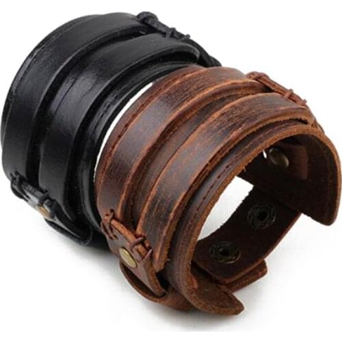 Fashion Men PU Leather Bracelet Open Cuff Rope Bangles & Bracelet Double Wide Black Color Vintage Punk Unisex Jewelry