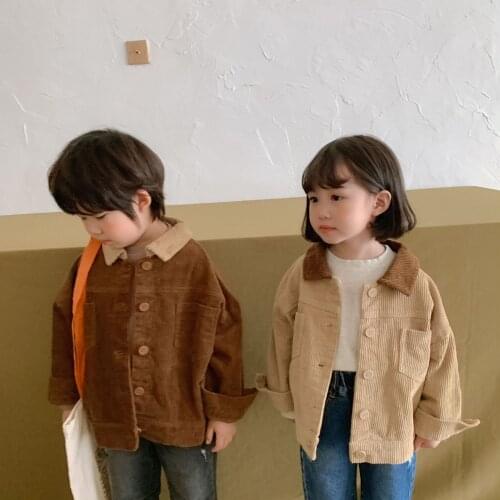 2021 Autumn New Kids Clothing Fashion Boys Corduroy Jacket Turn Down Collar Girls Coat Kids Outerwear