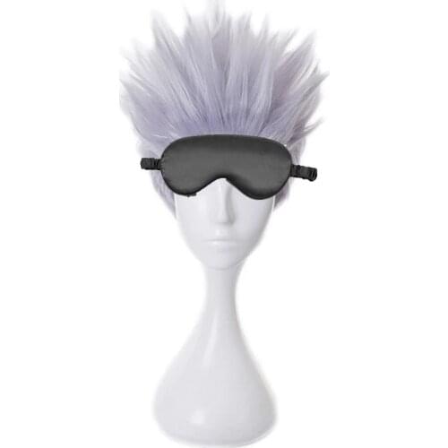 Anime Jujutsu Kaisen Gojo Satoru Cosplay Wig Short Heat Resistant Synthetic Hair Wigs + Wig Cap + Black Eyepatch