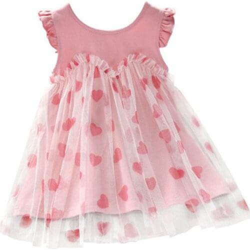 Kids Dress, Girls Heart Print Round Neck Sleeveless One-Piece Ruffled Sundress for Summer Fall, Pink