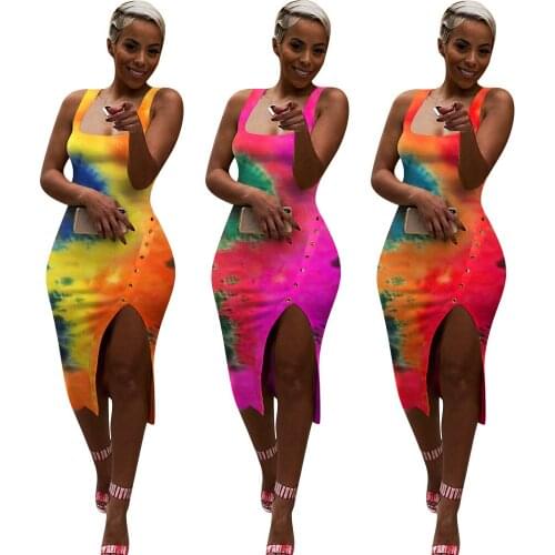 Echoine Sleeveless Tie Dye Printed Button Split Midi Dress Women Sexy Bodycon Summer Dresses Vintage Vestidos Party Clubwear