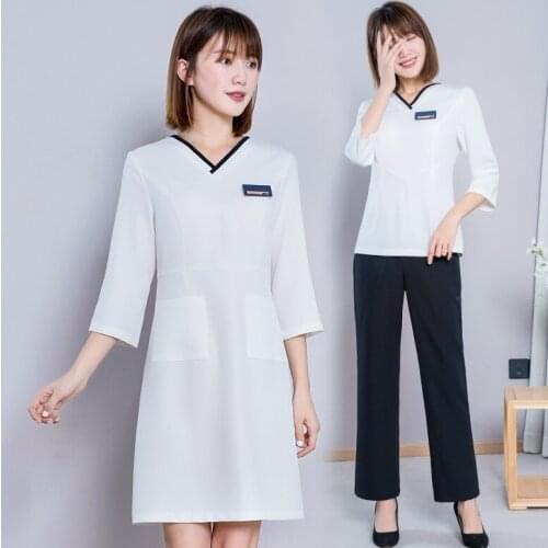 Beautician Work Uniforms Short Sleeve Women Slim Fit Dress Summer Beauty Salon Spa Senior Technician Nurse Work Coat AS332