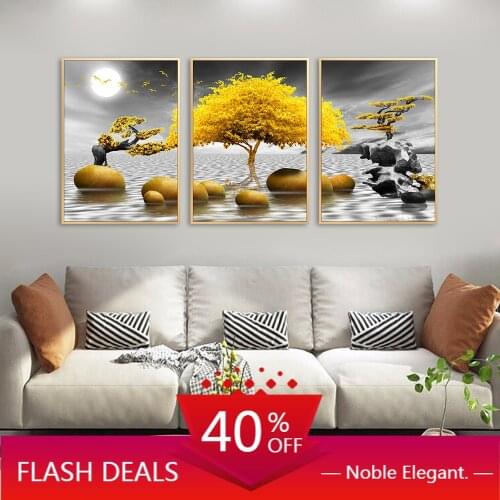 Christmas Canvas Painting Wall Art Poster Decoration Golden Art Tree Night Scenery Wall Picture for Living Room Home Decor