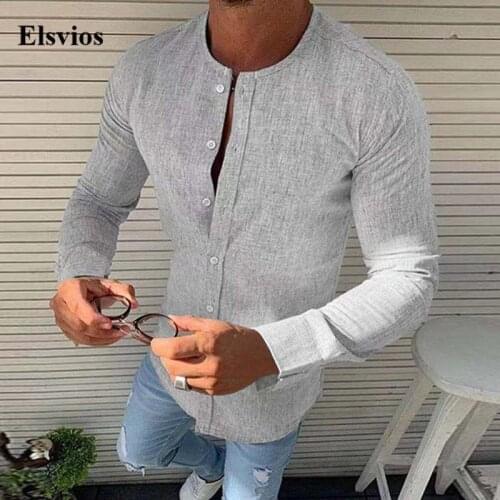 Vintage Men Cotton Linen Tops Cardigan Mens Casual Button O-Neck Slim Shirt Autumn Fashion Solid Long Sleeve Shirts Streetwear
