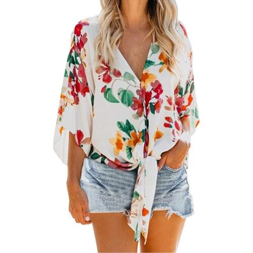 Flower White Shirts For Ladies 2021 Plus Size Womens Loose Recreational Short Sleeve Shirt Printed V-neck Beach Leisure Clothes