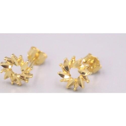 Pure 18K Yellow Gold Earrings Women Gift Lucky Serrated Flower Stud Earrings / 1.9g / 13*8mm