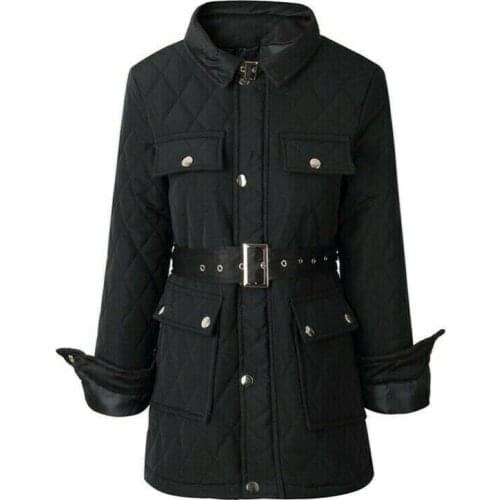 Women Black Puffer Coat Padded Quilted Parka Jacket Belt Thick Warm Winter
