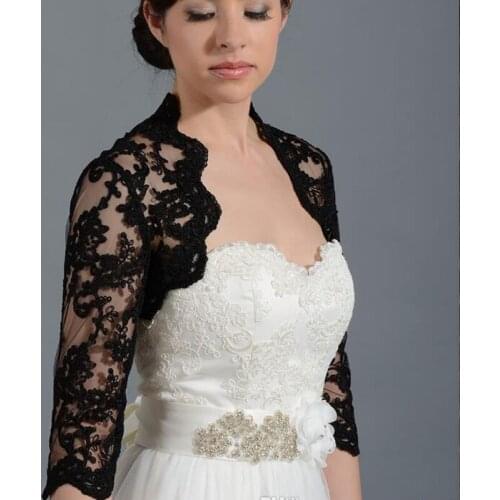 Custom Made Black 2/3 Sleeve Wedding Bolero Wraps Jackets Cap Shrug Front Sexy Open Lace Applique Sheer Bride Custom Size Jacket