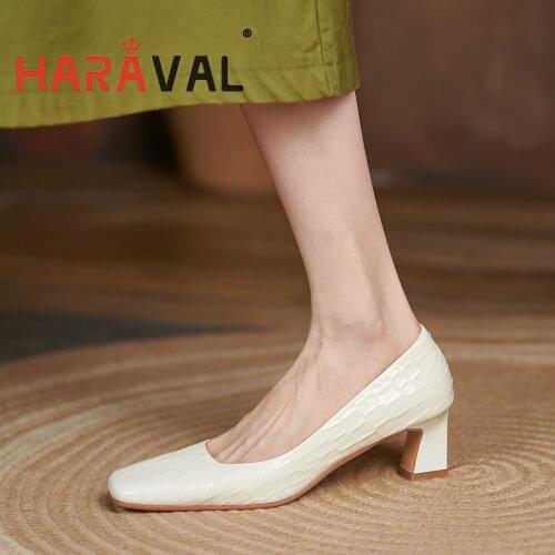 HARAVAL Women Pumps Shoes High Heels White Brown Mary Janes Patent Leather Office Lady Office & Career Summer Footwear Shoe B379