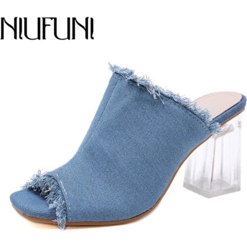 NIUFUNI Denim Women Slippers 2019 New Clear Crystal High Heel Sandals Fashion Solid Peep Toe Shoes Woman Summer Casual Shoes