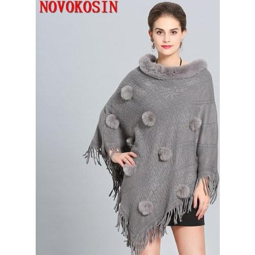 Women Cape Beading Floral Poncho 2018 Winter Faux Fox Fur Shawl Knitted Triangle Tassel Sweater Plus Size Pullover Coat Fur Neck