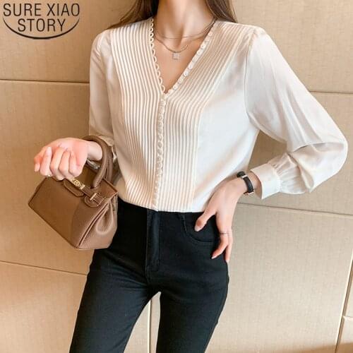 2021 Autumn New Silk Long Sleeve Blouse Elegant Women Blouses Pleated Fashion V-neck Button Up Shirt Clothes Blusas Mujer 16106