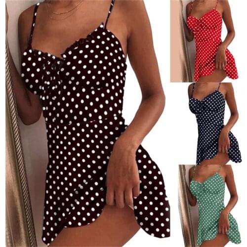 Women 2020 Summer Off Shoulder Polka Dot Print Mini Dress Elegant Tie Front V Neck Party Sleeveless Spaghetti Strap Dress