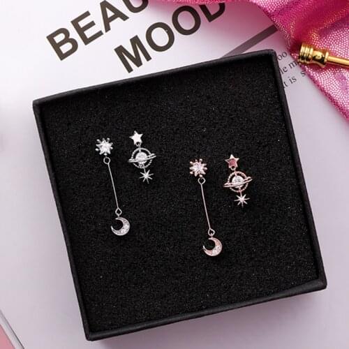 2018 New Design Korean Asymmetric Earrings For Women Trendy Shiny Rhinestone Moon Star Planet Pendientes Cute Girl Gifts Jewelry