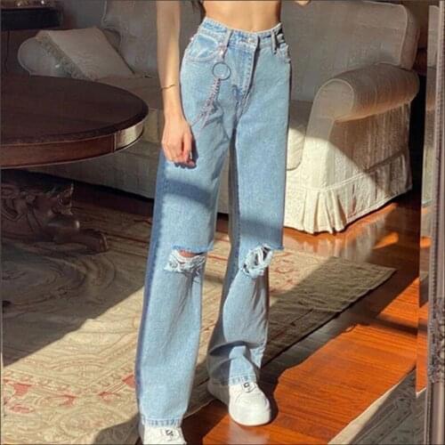 Women Fashion Stylish Trousers Solid Ripped Holes Jeans With Chains Summer Ladies Zipper High Waist Slimming Straight Long Pants