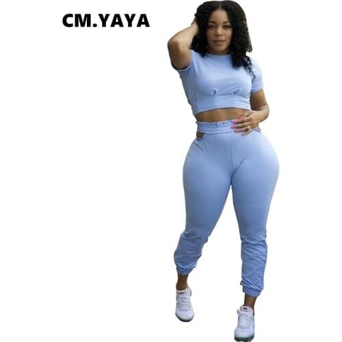 CM.YAYA Women Tracksuit Solid Short Sleeve Slim Crop Tops Skinny Pencil Pants Two 2 Piece Sets Fashion Outfit Sportywear Summer