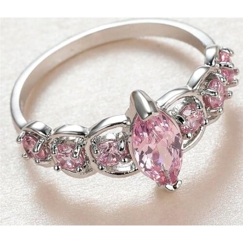 Cute Female Leaf Crystal Thin Ring Vintage Silver Color Wedding Rings For Women Luxury Pink Zircon Stone Engagement Ring