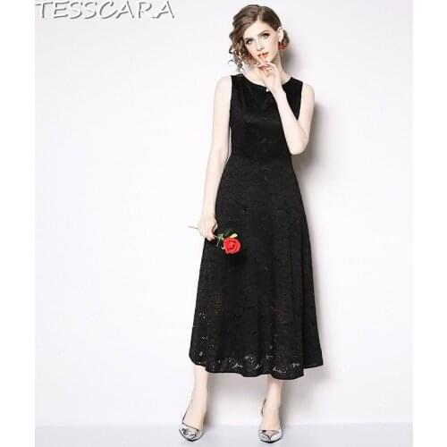 TESSCARA Women Summer Elegant Black Lace Dress Festa Female High Quality Vintage Designer Vestidos Office Party Long Robe Femme