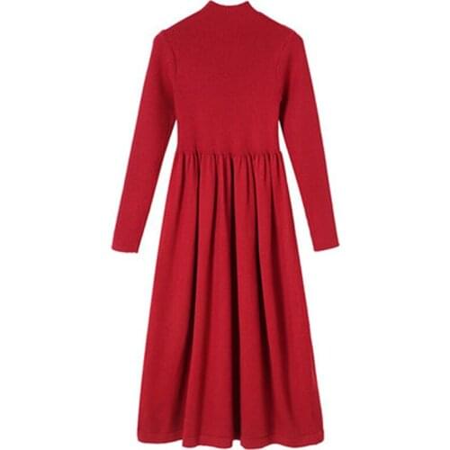 Spring Autumn New Womens Long Dress Solid Turtleneck Slim Elasticity Lady Knitted Pullover Vintage Red Female Sweater Bottoming