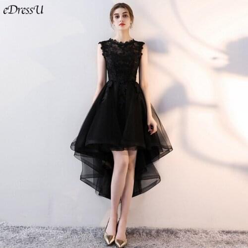 High Low Evening Dress Elegant Vestido de Fiesta O-Neck Black Party Dress Formal Prom Dress DH-0011