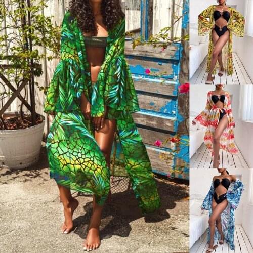 2021 Boho Print Bikini Cover Ups Women Summer Wrap Sexy Flare Sleeve Loose Self Belt Kimono Dress Beach Wear Swim Suit Cover Up