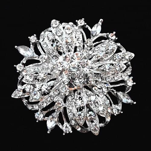 Free Shipping 12PCS/LOT Vintage Style Rhodium Plated Big Alloy Flower Crystal Brooch,Women Costume Wedding Brooch Pins