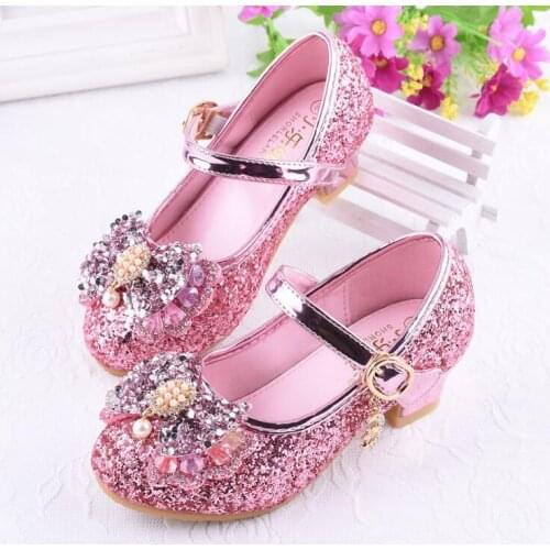 Kids Leather Shoes Girls High Heel Princess Sandals Fashion Wedding Children Shoes Glitter Butterfly Girls Host Party Dance