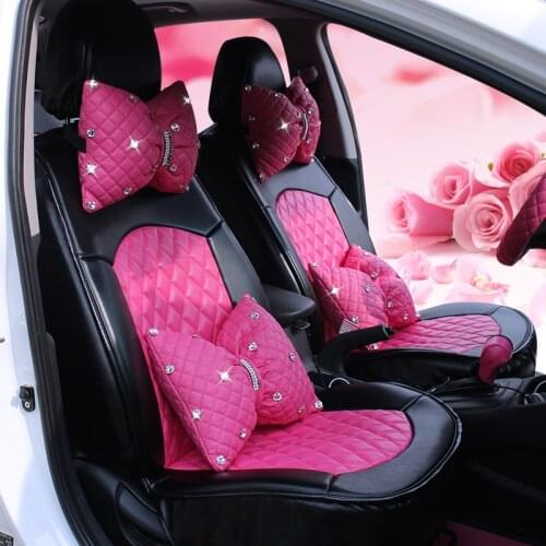 Car Head Neck Pillow Headrest Leather with Crystal Diamond Waist Supports Seat Rest Back Lumbar Women