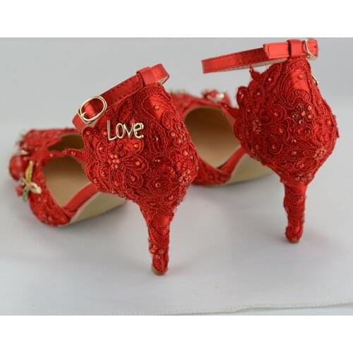 Red Lace Wedding shoes bride Sweet High heels Pointed Toe Pumps Ladies Party Dress shoes Ankle strap shoe