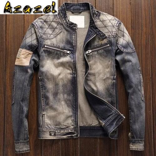 Retro Fashion Slim Fit Mens Jeans Automotive Jacket Coats American Flag Patchwork Male Dress Suit Denim Coat Outerwear A192