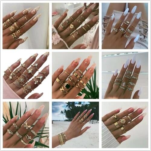 Docona 22 style Vintage Gold Color Snake Flower Butterfly Crystal Knuckle Midi Ring Set for Women Girl Carved Geometric Rings