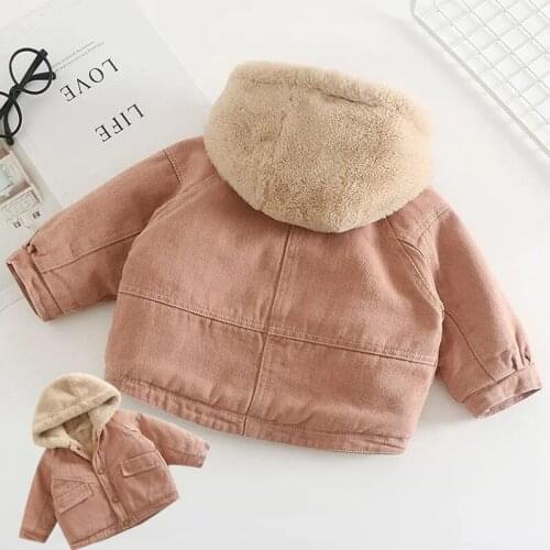 2021 new Childrens Plus Velvet Girl Denim Hoodie Top Girls Pink Denim Hooded Single-breasted Jacket Autumn Winter Clothing
