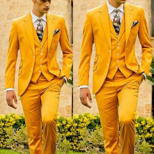 New Styel Yellow Formal Business Slim Mens Wedding Suits Prom 3 Piece Groom Tuxedo Custom size color jacket pant vest