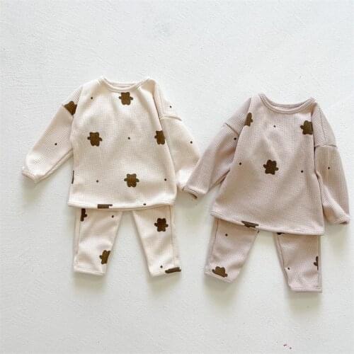 Autumn New Baby Boy Bear Print Clothes Sets Comfortable Waffle Cotton Long Sleeve Sweatshirt Set Toddler Girls Harem Pants Suit