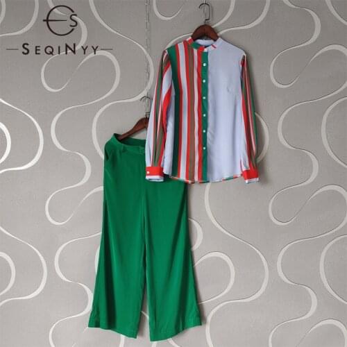 SEQINYY Casual Set Summer Spring New Fashion Design Women Runway Stripes Light Blue Shirt + Green Loose Pants Suit