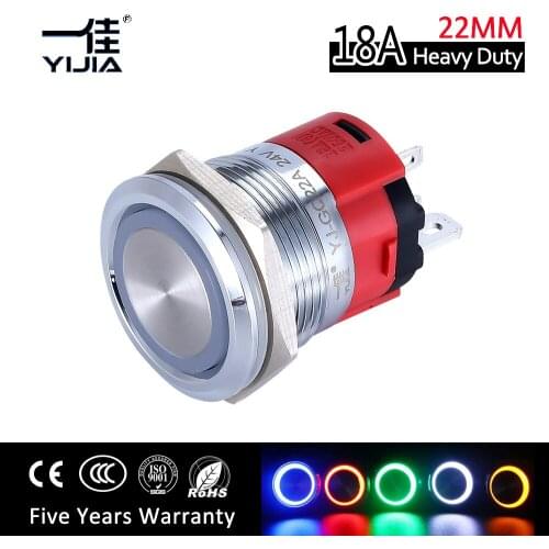 22mm Ring 220V 12V LED Light 15A High Current Stainless steel Momentary Push Button Switch 1NO 1NC