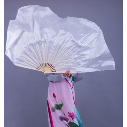 Dance Fan Veil Hand Made Imitation Silk Bamboo Long Fan Veils Folk Art Chinese Yangko Party Stage Performance Foldable Fan White