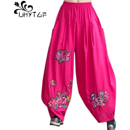 UHYTGF Womens pants fashion embroidered casual spring trousers female wide-legged bloomers women loose plus sizes weatpants 1136