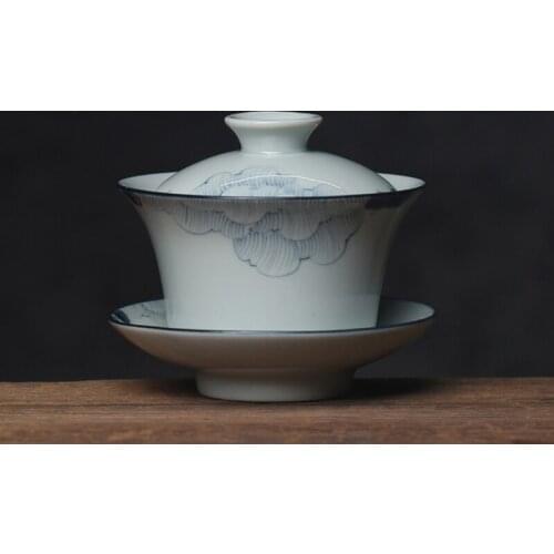 Vintage 150ml Gaiwan Celadon Hand-painted Underglaze Colored Hibiscus Tea Bowl Chawan Three-Piece Kung Fu Tea Teaware Tureen