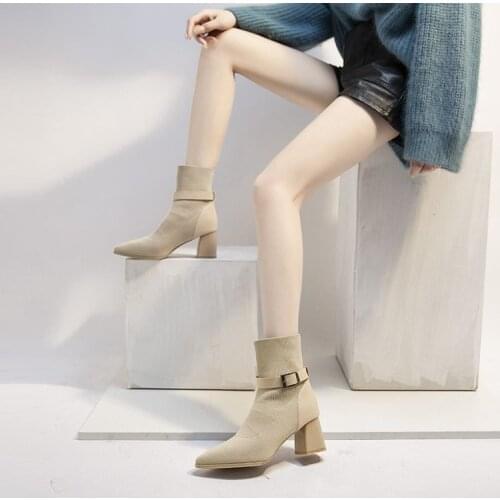 2021 New Sock Boots Women Square Heel Solid Casual Women Ankle Boots 6cm Stretch Fabrics Buckle Lady Footwear