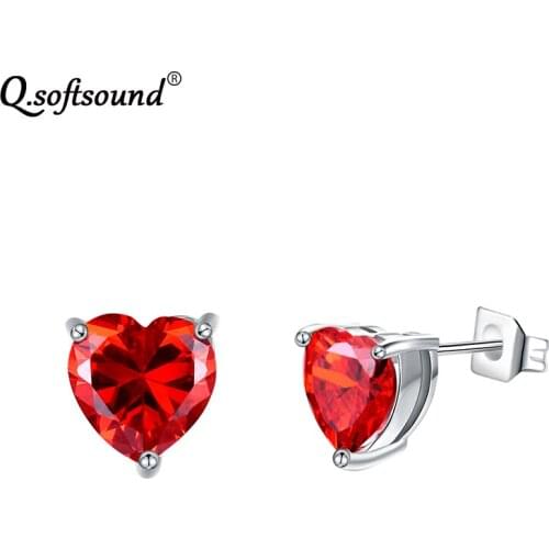 Heart Red or Clear 8mm AAA CZ Stone Stud Earrings For Women Fashion White Gold Color Crystal Wedding Jewelry Oorbellen QE201B
