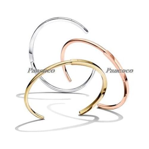 Authentic 925 Sterling Silver Bracelet Rose Gold Pan Signature I-D Bangle Fit Women Bead Charm Diy Fashion Jewelry